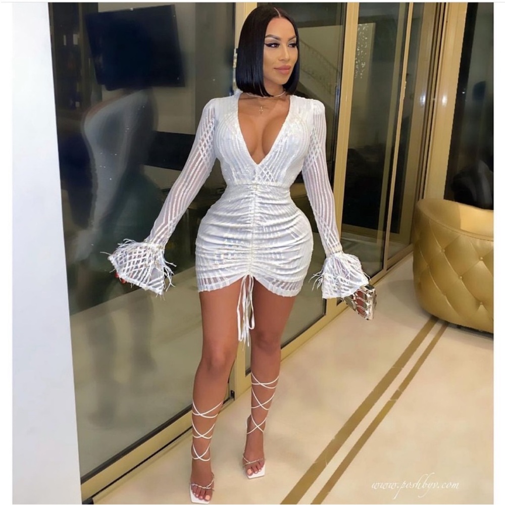 PoshByV Zari Glam Dress Embellished Crystal Rhinestone Sequin White Posh By V